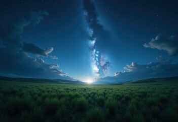 Fototapeta premium Starry Night Sky Over Peaceful Pasture Moonlit Landscape Tranquility Blissful Serenity Nature Beauty