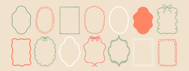 Hand drawn wedding frame set. Elegant oval and wavy vintage borders for invitations, postcards, greeting cards, and celebration design. Vector line art frames for classic and whimsical holiday decor. © Loya.art