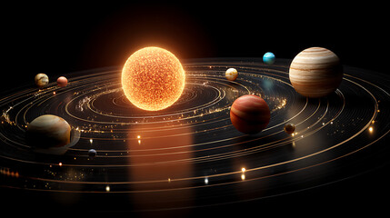 Solar system with sun and planets orbiting in space illustration