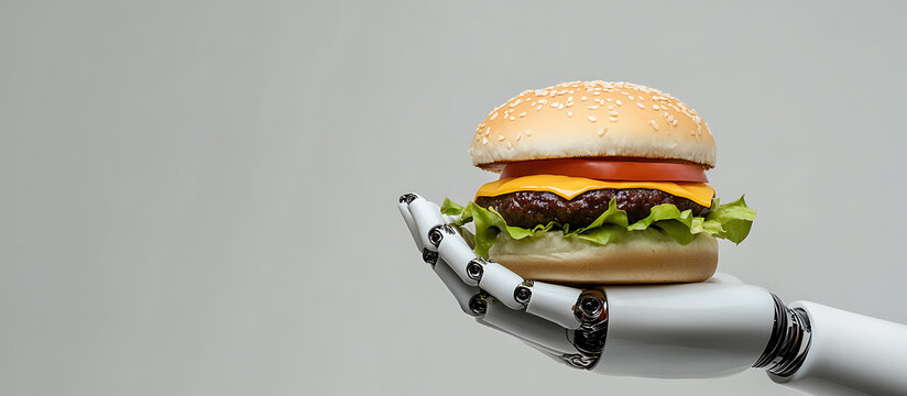 Futuristic fast food: A tasty burger is presented by a robot arm, blending technology and culinary delight on a clean backdrop. - Powered by Adobe