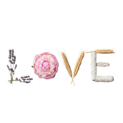Natural elements spell "LOVE": lavender, pink peony, wheat, twine on light beige, soft studio light, high-key flat lay, photorealistic, romantic and pure