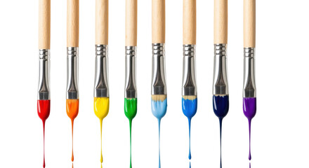 Seven brushes, wood, silver, vibrant dripping paint, lined horizontally on transparent, copy space, soft studio light, macro still life, concept of art and creativity.