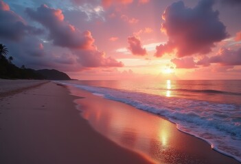 Fototapeta premium Tranquil Beach Sunset Dramatic Sky Vibrant Colors Ocean Peaceful Horizon Reflection Serenity Atmosphere