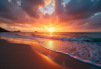 Tranquil Beach Sunset Dramatic Sky Serene Ocean Waves Coastal Reflection Relaxation Atmosphere Horizon View