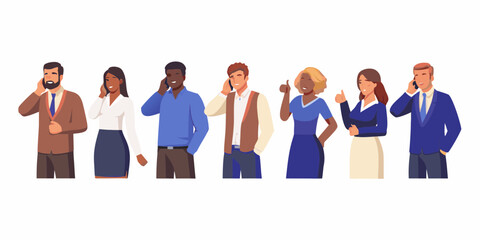 Obraz premium Diverse group of business professionals talking on cell phones and showing thumbs up gestures