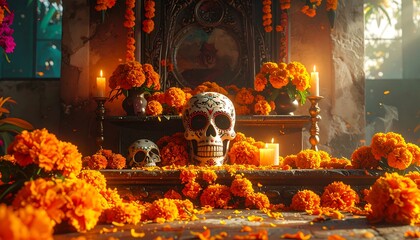 Altar adorned with marigolds and skulls