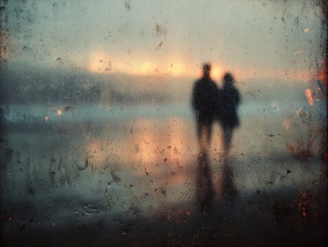 Fototapeta Silhouette of couple on beach at sunset seen through wet window Dramatic effect grunge style Photo