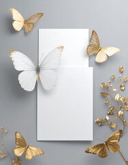 Elegant blank card surrounded by butterflies and flowers