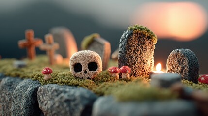 Miniature Halloween Graveyard Scene with Textured Skull, Mossy Gravestones, Red Mushrooms, and Candlelight