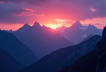 Fototapeta premium Stunning Twilight Mountain Peaks with Atmospheric Sky and Dreamy Colors Capturing Nature's Beauty