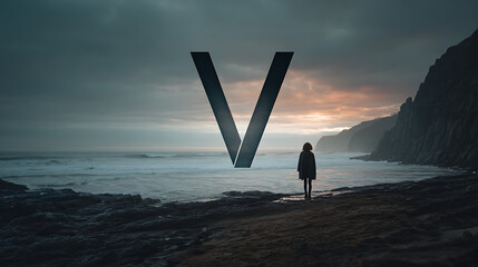 Woman standing on beach looking at letter v in ocean at sunset, moody scene