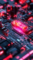 Vibrant pink and red glowing computer motherboard with intricate electronic components photo