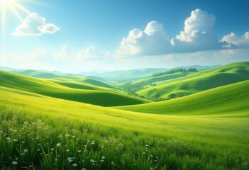 Obraz premium Vibrant Rolling Hills Agricultural Landscape with Flourishing Fields and Expansive Sky Overhead