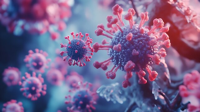 Vibrant Pink and Blue Coronavirus Particles in Microscopic View pathogen disease photo