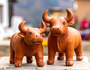 Two terracotta bull figurines