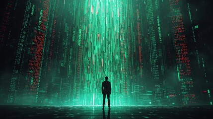 businessman standing before towering digital matrix of glowing green and red stock numbers, cascading data streams, and futuristic financial codes, symbolizing big data and fusion of finance with AI