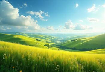 Obraz premium Vibrant Rolling Hills Agricultural Landscape with Flourishing Fields and Expansive Sky Overhead