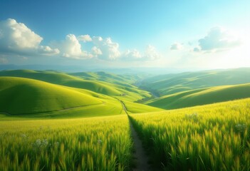 Obraz premium Vibrant Rolling Hills Agricultural Landscape with Flourishing Fields and Expansive Sky Overhead