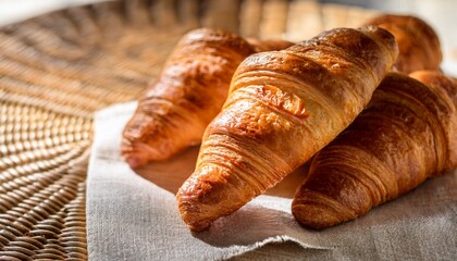 Stacked Croissants On Cotton Napkin With Rattan Background And Natural Light Shadows