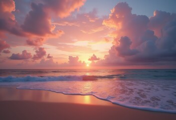Fototapeta premium Tranquil Beach Sunset Dramatic Sky Colors Reflection Calm Waves Peaceful Seashore Scenic Ocean View