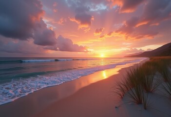 Tranquil Beach Sunset Dramatic Skies Serene Waves Golden Horizon Soft Sand Nature Scene
