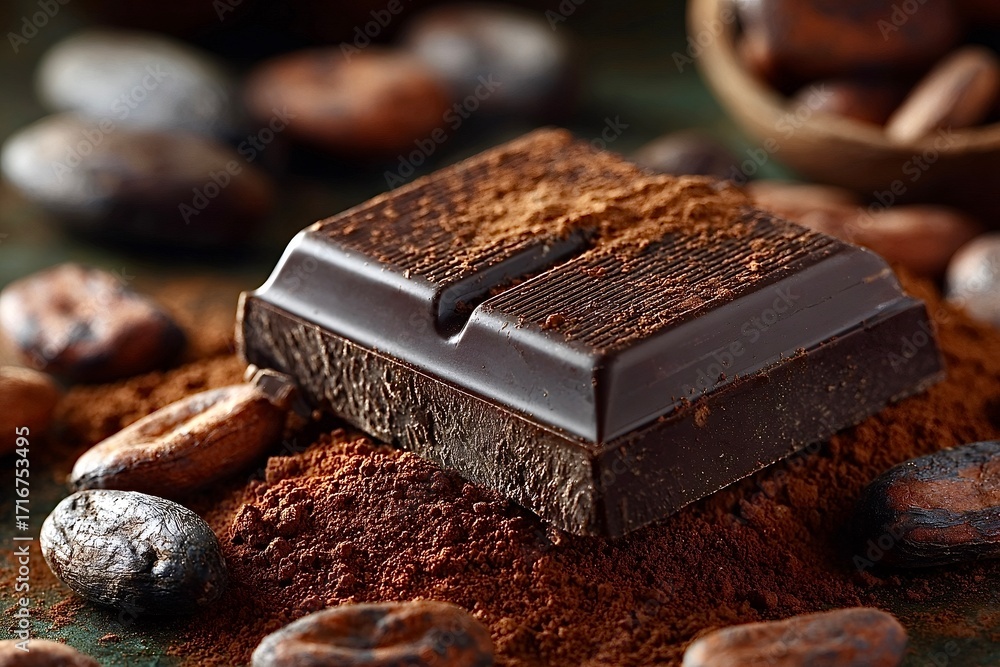 Poster dark chocolate bar resting on cocoa powder with cocoa beans