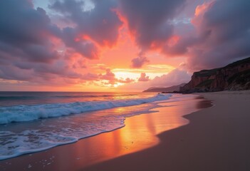 Obraz premium Tranquil Beach Sunset Dramatic Sky Reflection Serenity Coastal Landscape Waves