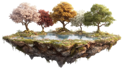 PNG of A serene floating island with vibrant seasonal trees, reflecting on calm waters surrounded by colorful flowers.