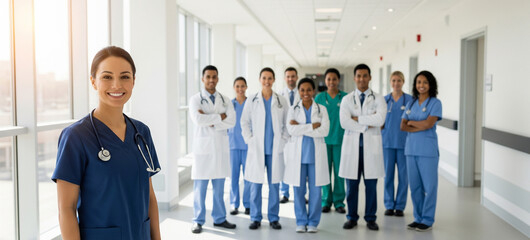Smiling Doctor Leading Diverse Medical Team in Modern Hospital Corridor for healthcare marketing, hospital website banner, medical team brochure, trust and care campaign, professional doctor portrait