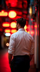 Fototapeta premium Man in white shirt stands against vibrant red bokeh lights, gazing ahead, exuding a sense of purpose and style in the illuminated cityscape.