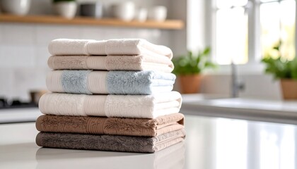 Stack of Folded Soft Bath Towels in Neutral Colors on Kitchen Counter