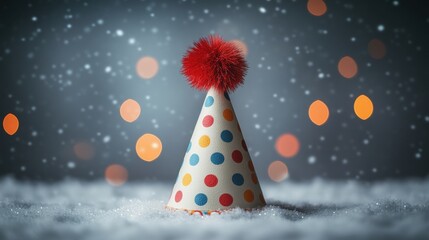 Festive Polka Dot Party Hat in Sparkling Snow with Bokeh Lights