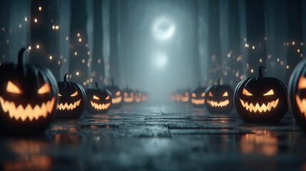 Eerie Halloween Background with Grinning Jack-O'-Lanterns Lining a Misty Forest Path at Night