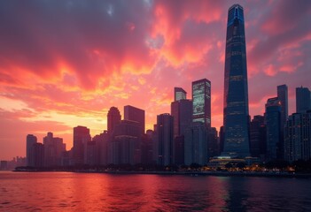 Naklejka premium Urban Skyline Sunset Dramatic Clouds Silhouette Cityscape Evening Glow Vibrant Horizon Skyscrapers Twilight Reflection