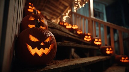 Spooky Halloween Background with Carved Jack-O'-Lanterns Glowing on a Dark Porch Surrounded by Autumn Lights