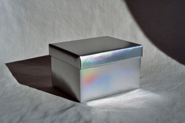 beautifully wrapped gift box with stunning holographic sheen rests gracefully against soft textile background