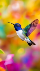 White- Throated Hummingbird Hovering with Iridescent Green and Blue Feathers wildlife photo