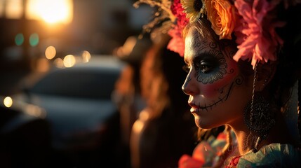 Profile Portrait of Woman with Calavera Skull Makeup and Floral Headpiece Celebrating Day of the Dead at Sunset