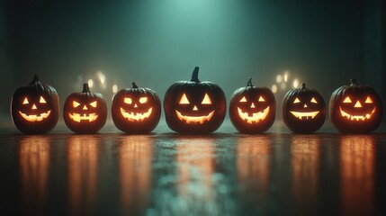 Spooky Halloween Background With Glowing Jack-o'-Lanterns Lined Up In A Dimly Lit Room For An Eerie Autumn Celebration