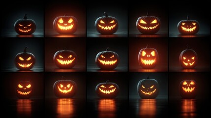 Halloween Background Featuring Assorted Jack-O'-Lanterns With Creepy Expressions and Glowing Faces in a Dark Setting
