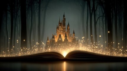 Magical Fantasy Castle Emerging from Illuminated Open Book in Dark Enchanted Forest