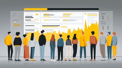 A diverse group of professionals analyzing interactive data dashboard with rising yellow graph bars flat vector illustration for business analytics and corporate presentation