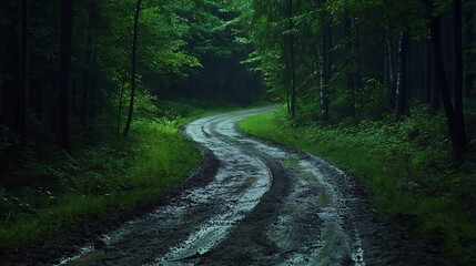 Fototapeta premium Winding muddy forest path after rain with lush green foliage road trail photo