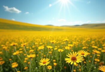 Fototapeta premium Vibrant Golden Fields of Wildflowers Blooming Under a Brilliant Clear Sky-Draped Landscape Serenity