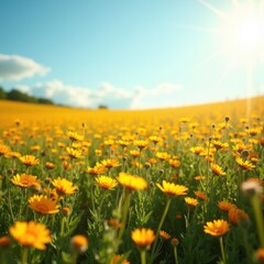 Vibrant Golden Fields of Wildflowers in Bloom Under a Clear Blue Sky Expansive Nature Landscape