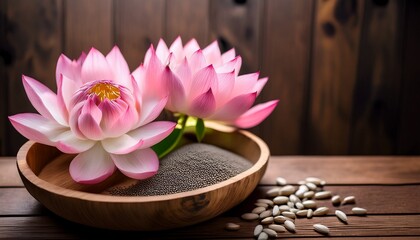 Fototapeta premium Discover Tranquility With Delicate Pink Lotus Flowers And Nourishing Lotus Seeds Presented In A Rustic Wooden Bowl Evoking Natural Wellness And Serene Beauty Generative Ai
