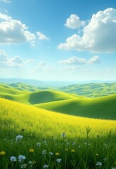 Fototapeta premium Vibrant Rolling Hills Agricultural Landscape with Flourishing Fields and Expansive Sky Overhead