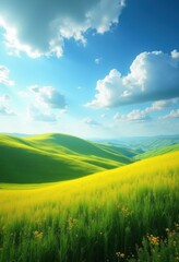 Obraz premium Vibrant Rolling Hills Agricultural Landscape with Flourishing Fields and Expansive Sky Overhead