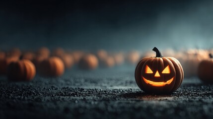Spooky Halloween Background with Glowing Jack-o'-Lantern Surrounded by Pumpkins Under a Foggy Night Sky