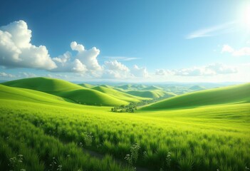 Vibrant Rolling Hills Agricultural Landscape with Flourishing Fields and Expansive Sky Overhead